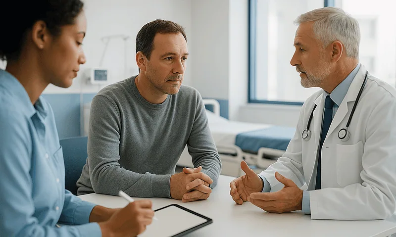 Doctor discussing patient credentials and treatment options in a hospital consultation room.