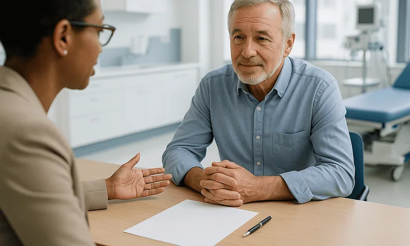Doctor consulting with an elderly male patient in a medical office.