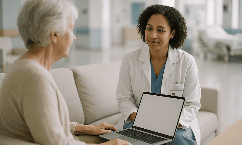 Doctor consulting with elderly patient in a hospital setting.
