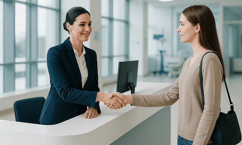 Patient shaking hands with hospital staff at reception desk.