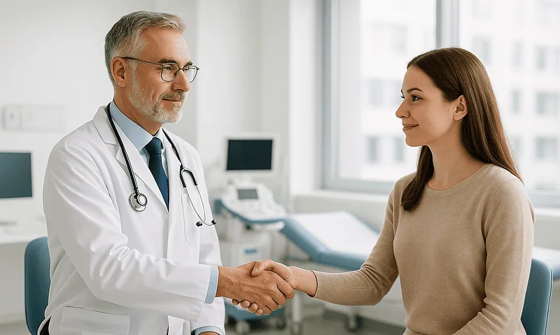 Doctor shaking hands with a patient in a medical consultation room.