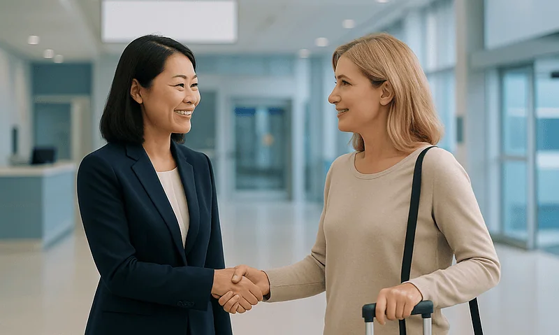 Hospital staff greeting a patient with a handshake in a modern hospital lobby.