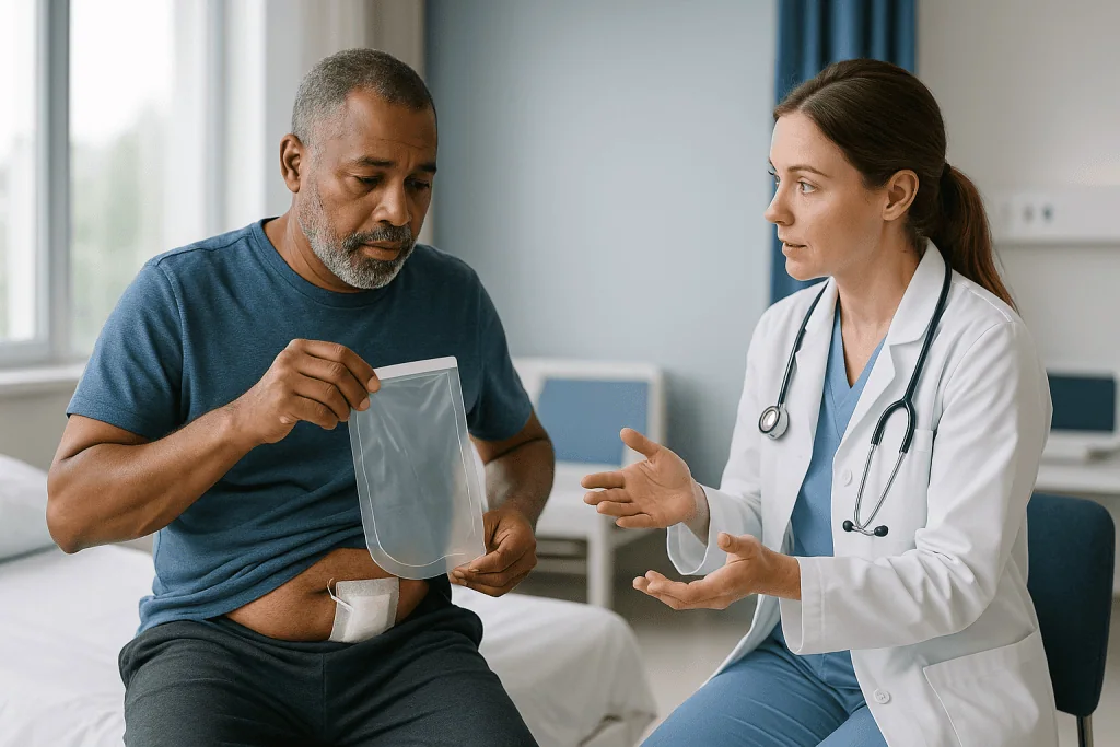 Doctor consulting patient about medical device or condition: How to cover a nephrostomy tube for a shower: choosing a nephro