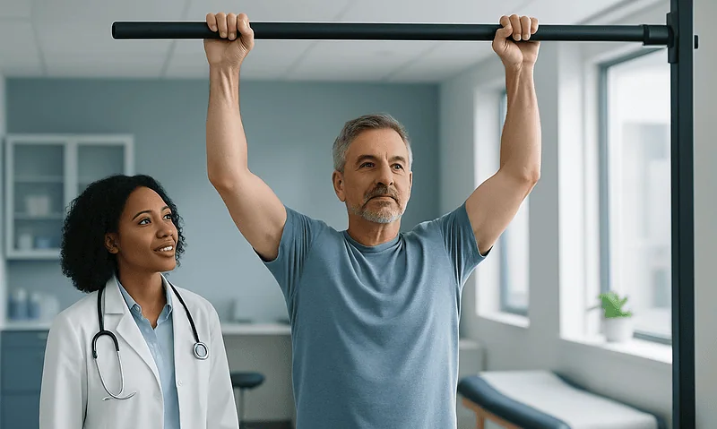 Middle-aged man doing a pull-up with medical professional observing.