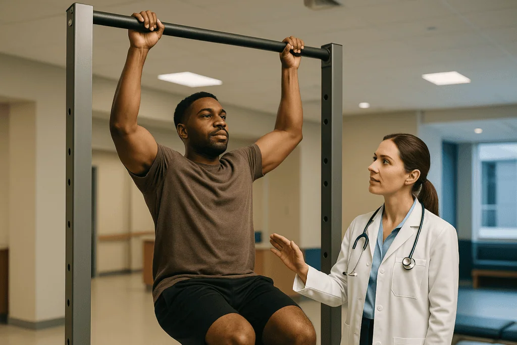 Patient performing pull-up exercise with physician supervision: How to do a pull up with correct form, step by step