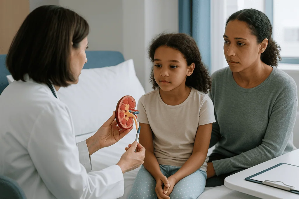 Doctor explaining kidney anatomy model to child and parent: How to explain kidney surgery by age