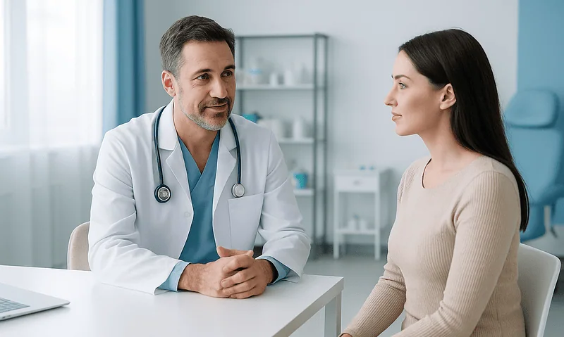 Doctor consulting with a female patient in a medical office setting.