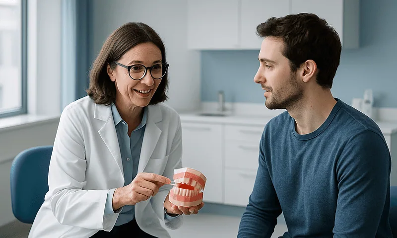 Dentist explaining dental aligners to a patient in a clinic setting.