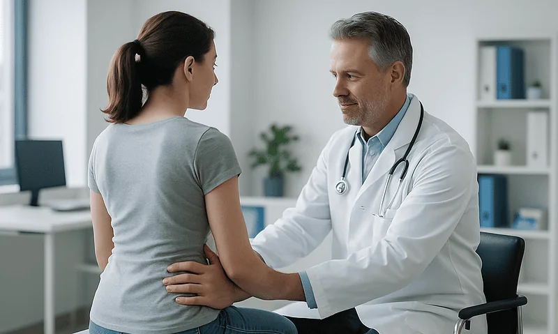 Doctor examining a young woman for scoliosis in a medical office.