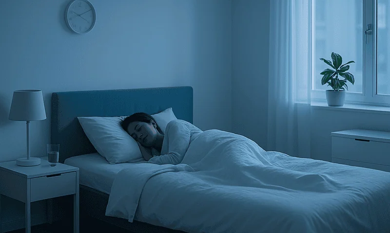 Woman sleeping peacefully in a modern bedroom at night.