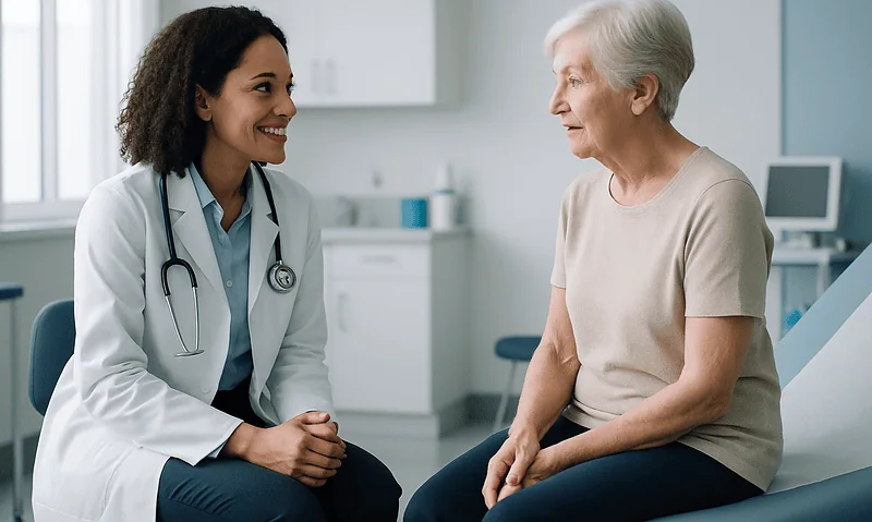 Doctor consulting with elderly woman in hospital room.