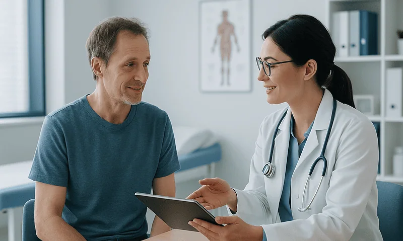 Doctor consulting with a male patient in a medical office setting.
