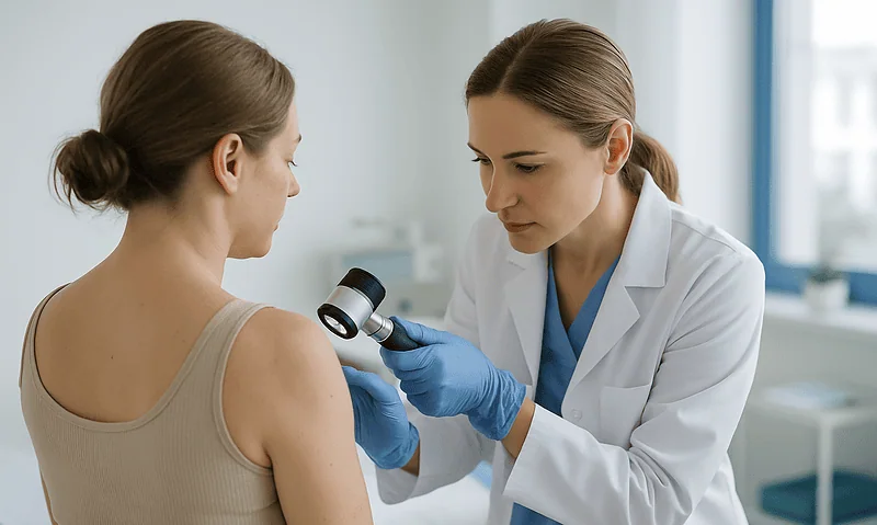 Dermatologist examining patient's skin with a dermatoscope in a clinic.