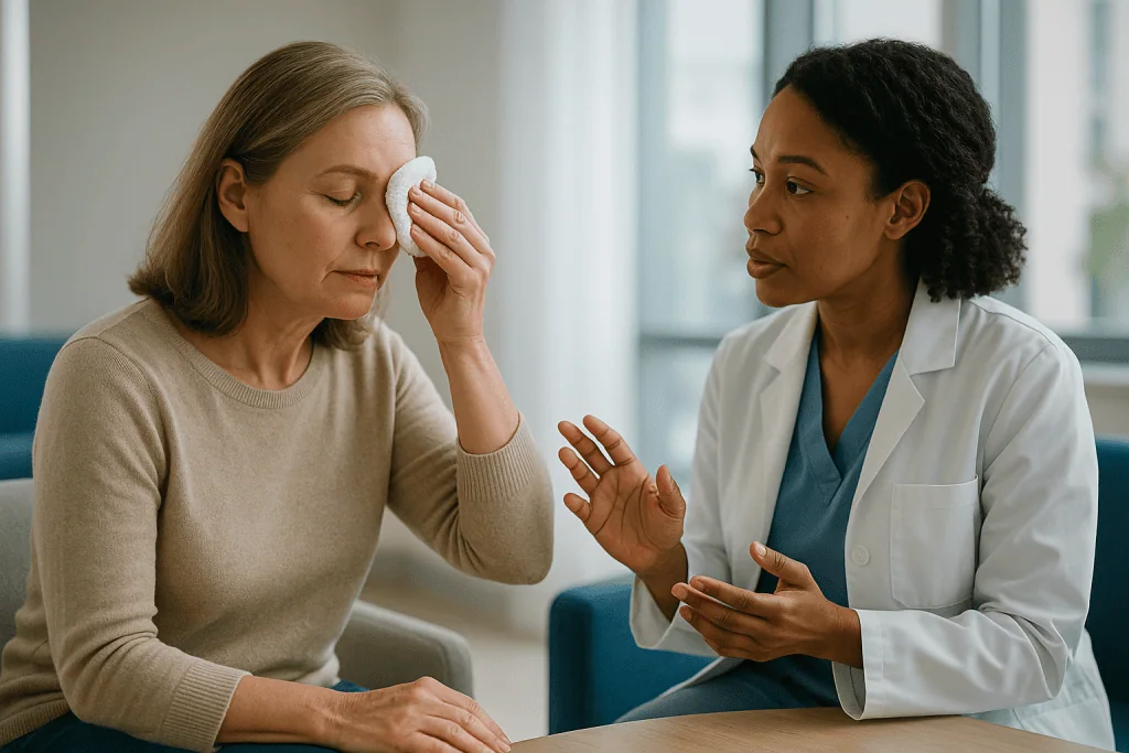 Doctor consulting patient about eye or facial concern: How to get rid of a chalazion at home: warm compresses done properly