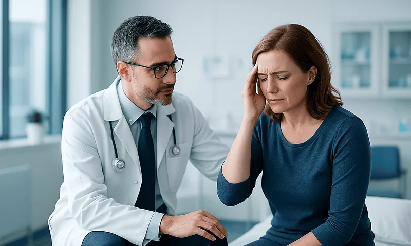 Doctor consulting with a woman experiencing headache in a medical clinic.