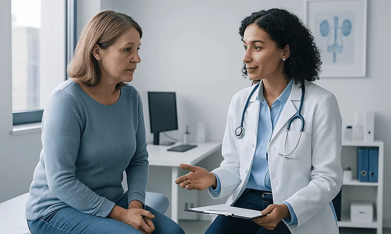 Doctor consulting with a female patient in a medical office.