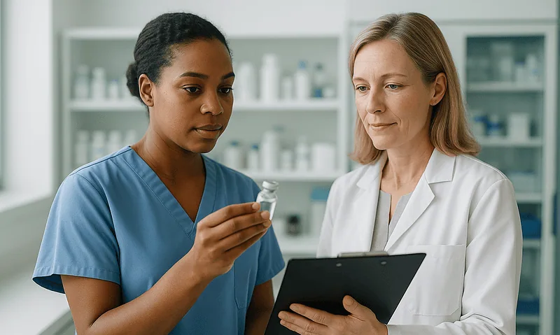 Two healthcare professionals discussing medication in a pharmacy setting.