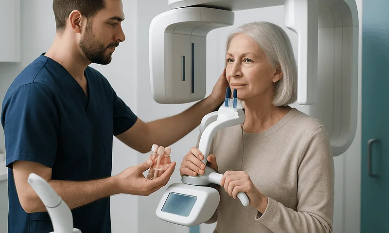 Dental technician explaining X-ray procedure to elderly woman at clinic.