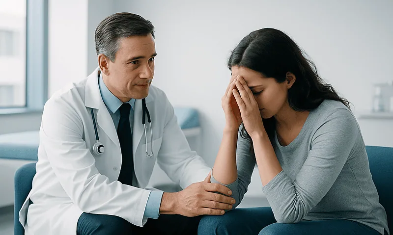 Doctor comforting a woman experiencing a panic attack in a medical office.