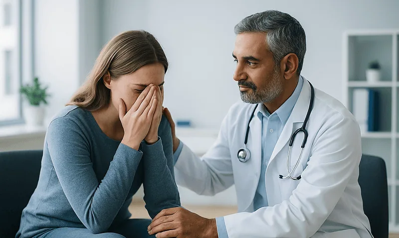 Doctor comforting a young woman with anxiety in a medical office.