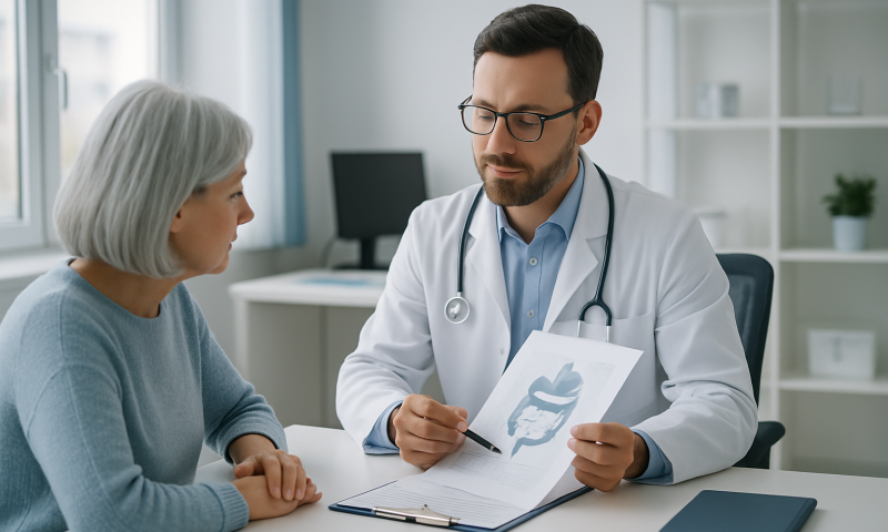 Doctor discussing gut health with elderly patient in clinic.