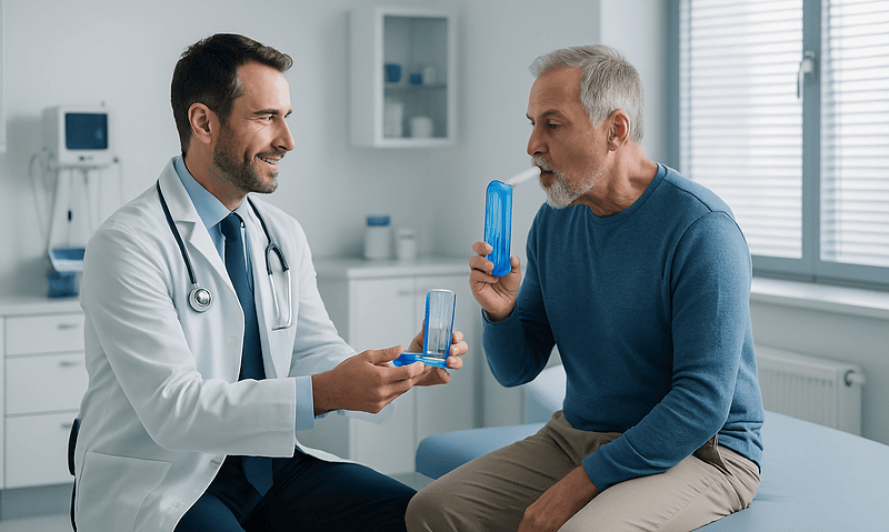 Doctor explaining inhaler use to an elderly patient in a clinic.
