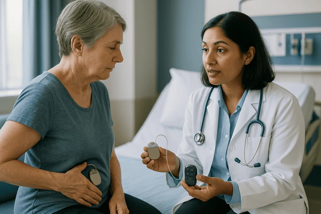 Doctor explaining medical device to patient in consultation: How to judge the trial week honestly