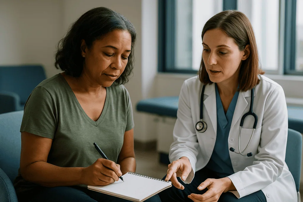 Doctor consulting with patient, reviewing medical notes together: How to keep a sleep diary your sleep team can actually use