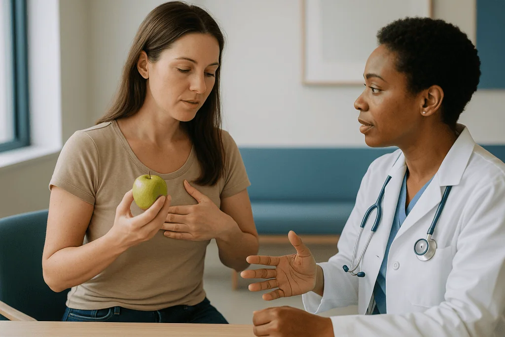 Doctor consulting patient about healthy eating with apple: How to keep breasts perky after breastfeeding: what works and wha