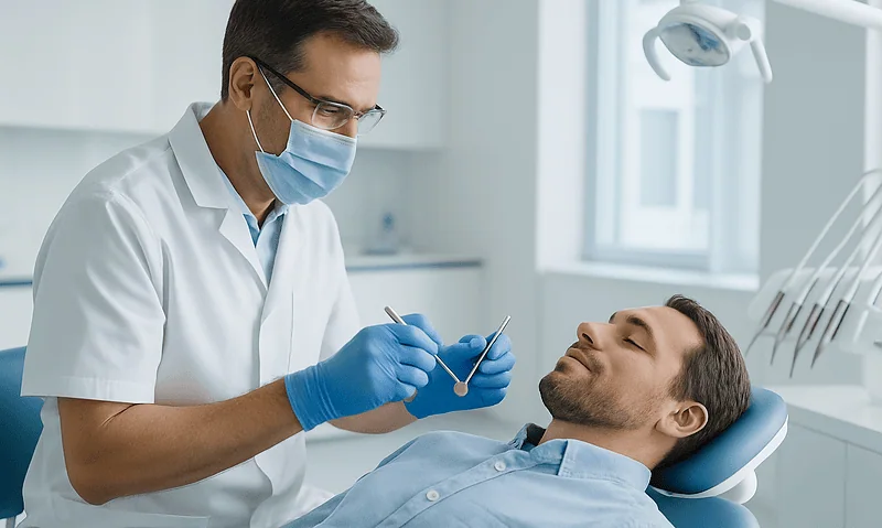 Dentist examining patient with orthodontic braces in clinic.