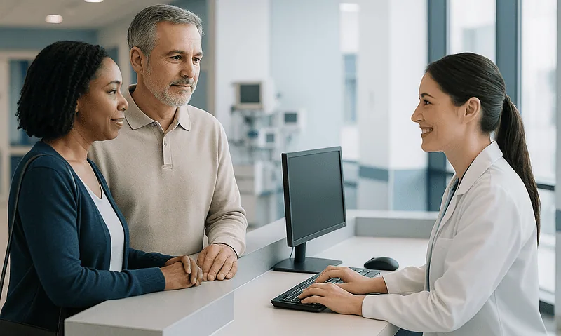 Doctor consulting with a diverse couple at hospital reception desk.