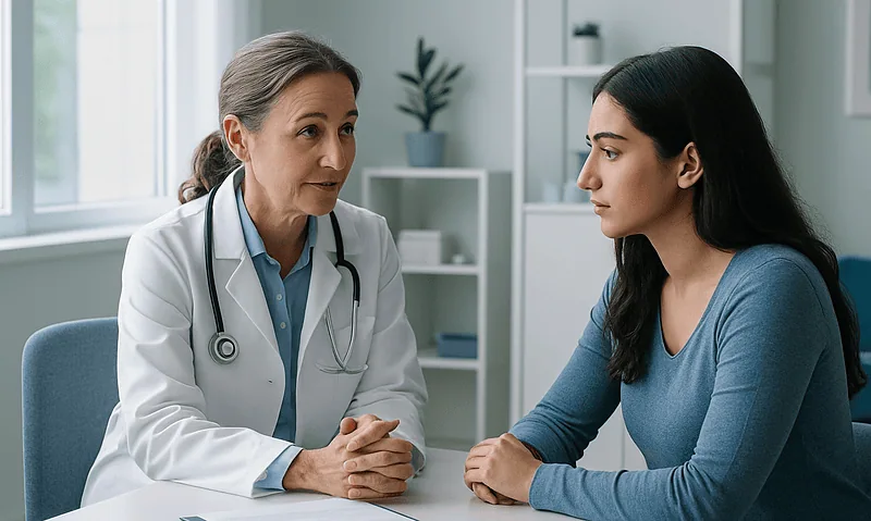 Doctor consulting with a young woman in a medical office setting.