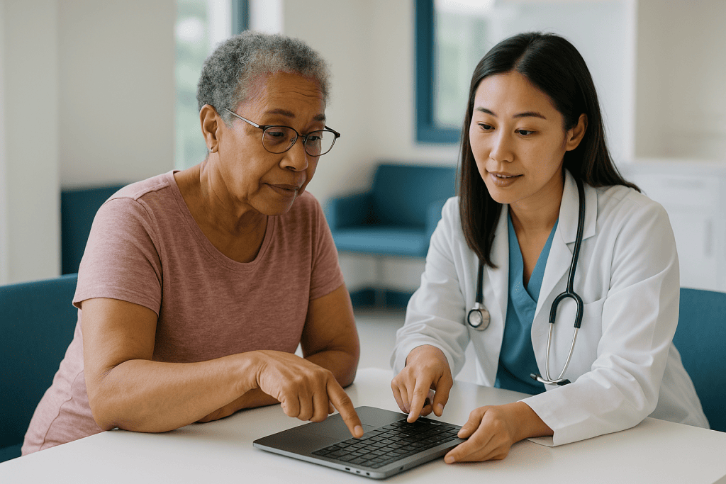 Doctor and patient reviewing medical information on laptop: How to log in to a patient portal without getting locked out
