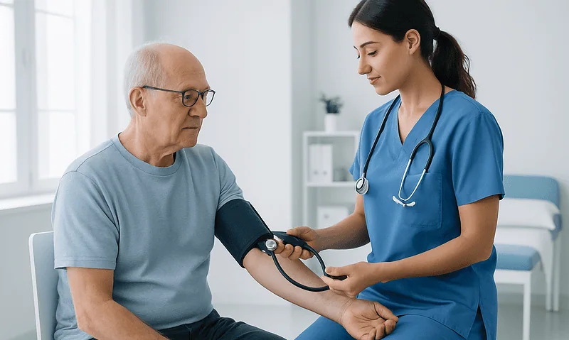 Nurse measuring senior man's blood pressure in a clinical setting.