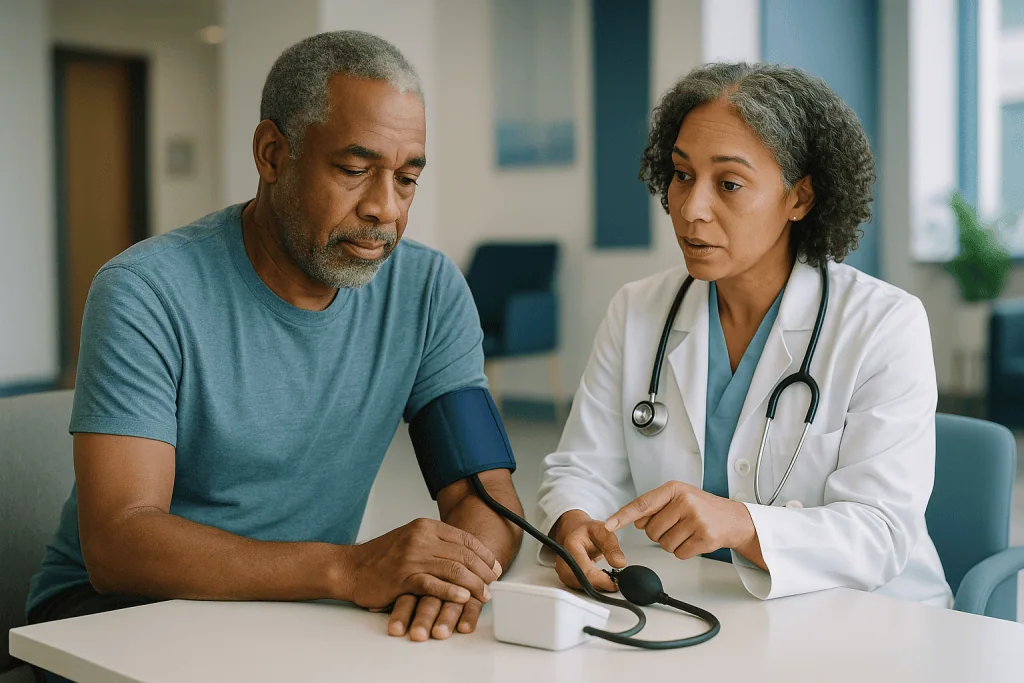 Doctor measuring patient's blood pressure during consultation: How to lower blood pressure naturally: what the numbers on th