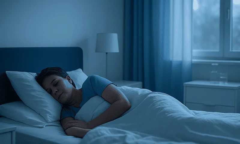 Young man sleeping peacefully in a modern bedroom at night.