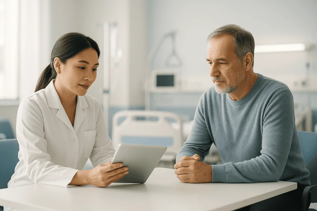How to Manage Jet Lag Before an Appointment in Turkey 1 Doctor consulting with a middle-aged male patient in a hospital room.