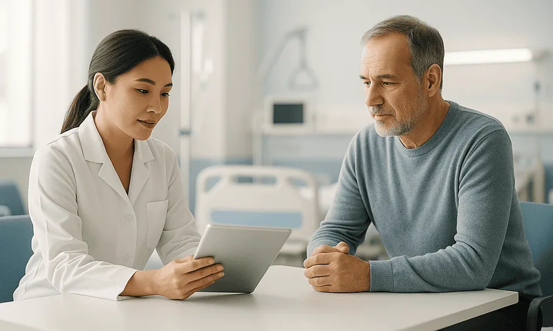 Doctor consulting with a middle-aged male patient in a hospital room.