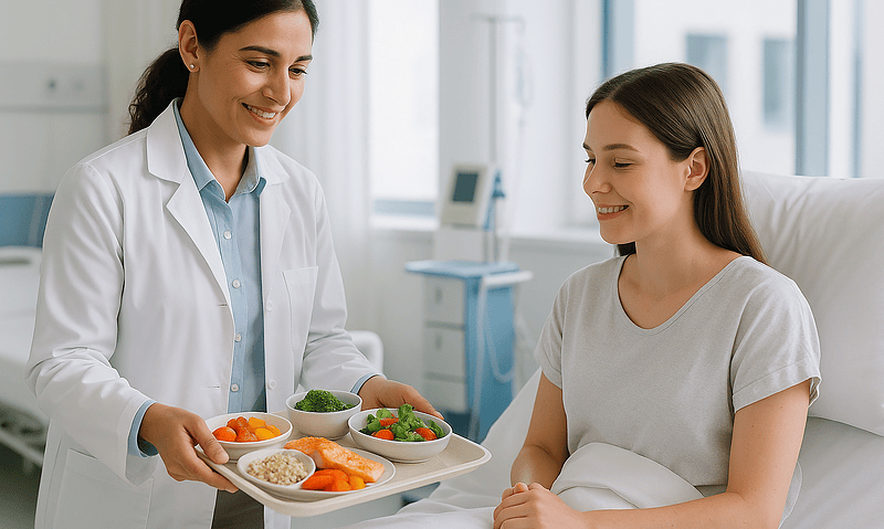 Doctor offering healthy meal options to patient in hospital room.