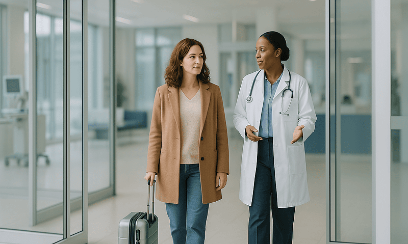 Female patient with luggage talking to doctor at hospital entrance.