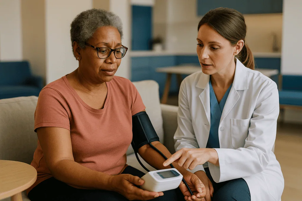 Doctor measuring blood pressure of older female patient: How to measure blood pressure at home so the numbers mean something