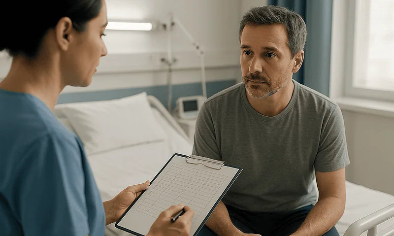 Doctor consulting with patient in hospital room at Acibadem Hospitals Group.