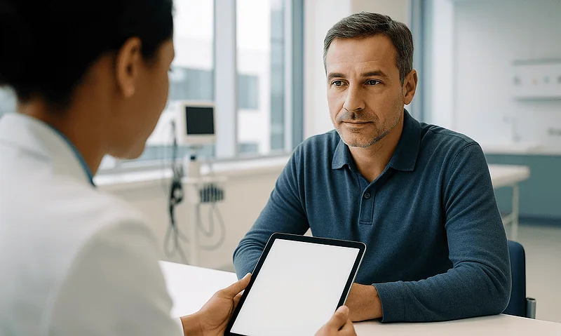 Doctor consulting with patient in a modern hospital setting.