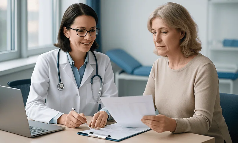 Doctor consulting with an elderly patient in a medical office.
