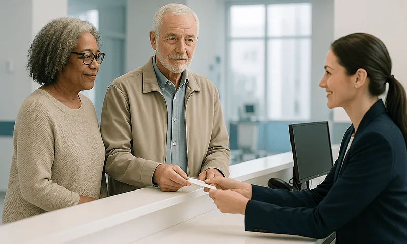 Patients consulting with a healthcare professional at a hospital reception desk.