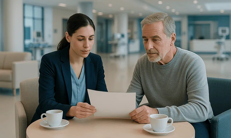 Doctor consulting with a patient in a hospital lounge area.