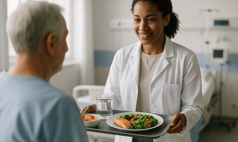Nurse serving a healthy meal to a patient in a hospital room.