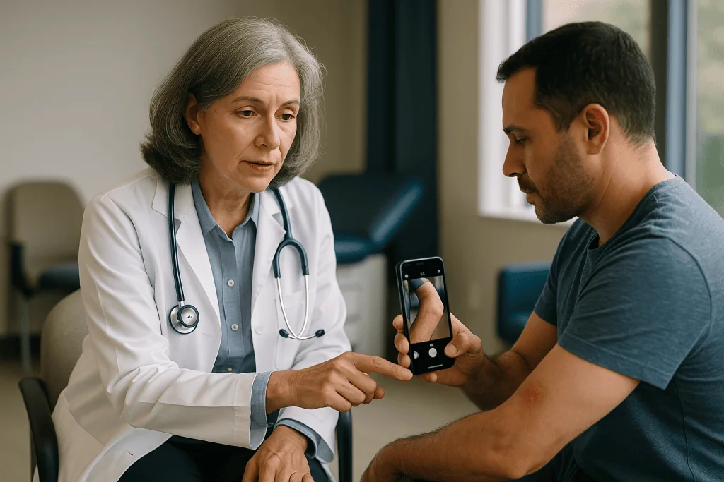 Doctor reviewing smartphone with patient in clinic: How to photograph a tick bite or rash so the photos are actually useful