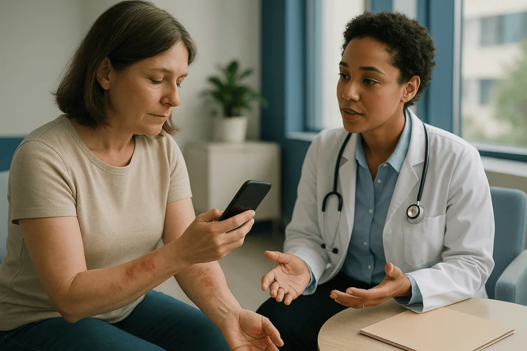 Doctor consulting patient about skin condition during medical visit: How to photograph eczema so the image is medically usef