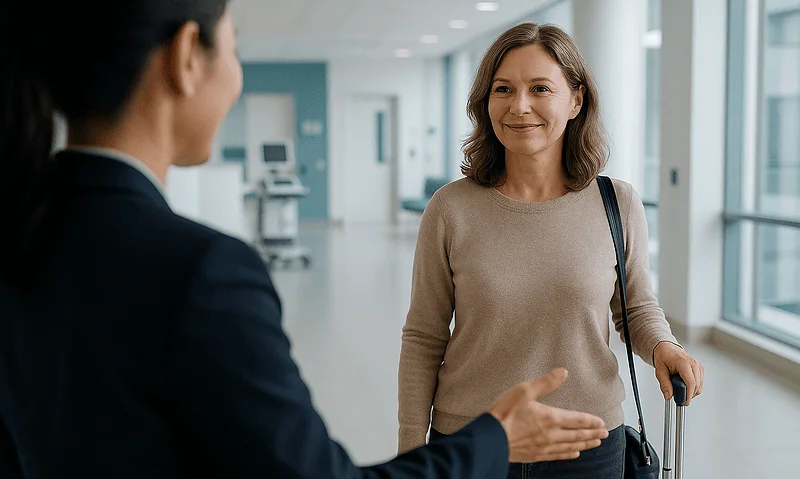Female patient talking to hospital staff at Acibadem Hospital in Turkey.